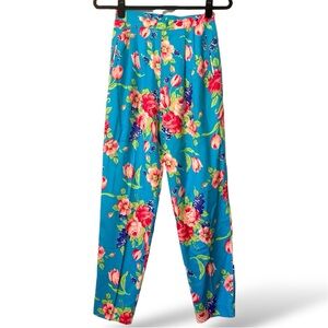 Vintage Adrienne Vittadini 100% Silk Floral Pants Size 6 Turquoise Blue Pleated